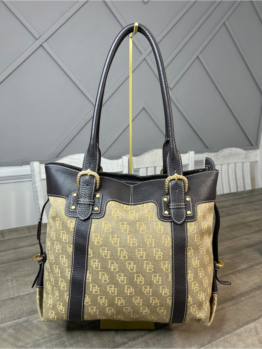 Dooney & Bourke DB Monogram Canvas Buckle Tote Bag Dark Brown Khaki Olive